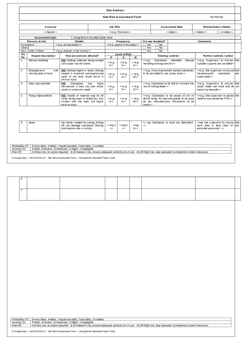 Site Work Risk Assessment Using Bench Mounted Power Tools Train’d Up